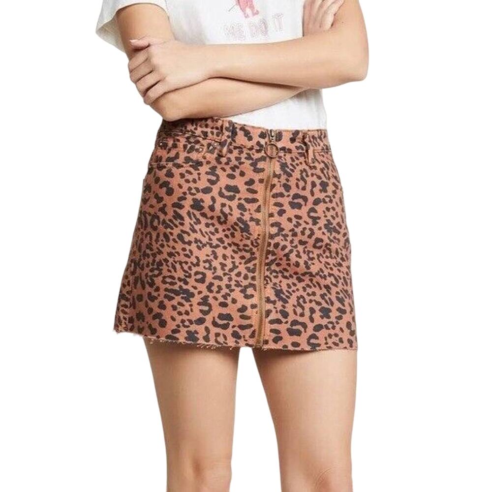 Free People Zip It Up Leopard Printed Frayed Hem Mini Skirt sz 27 black brown